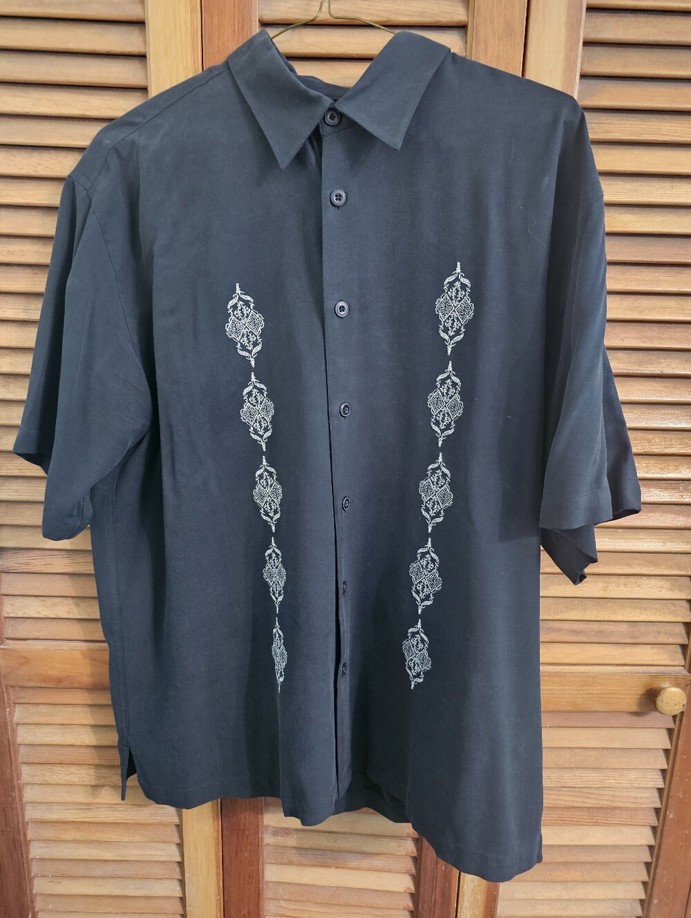 Vintage Silk Circa 1969 Black 100% Silk Button Up Shirt White Embroidery Size XL